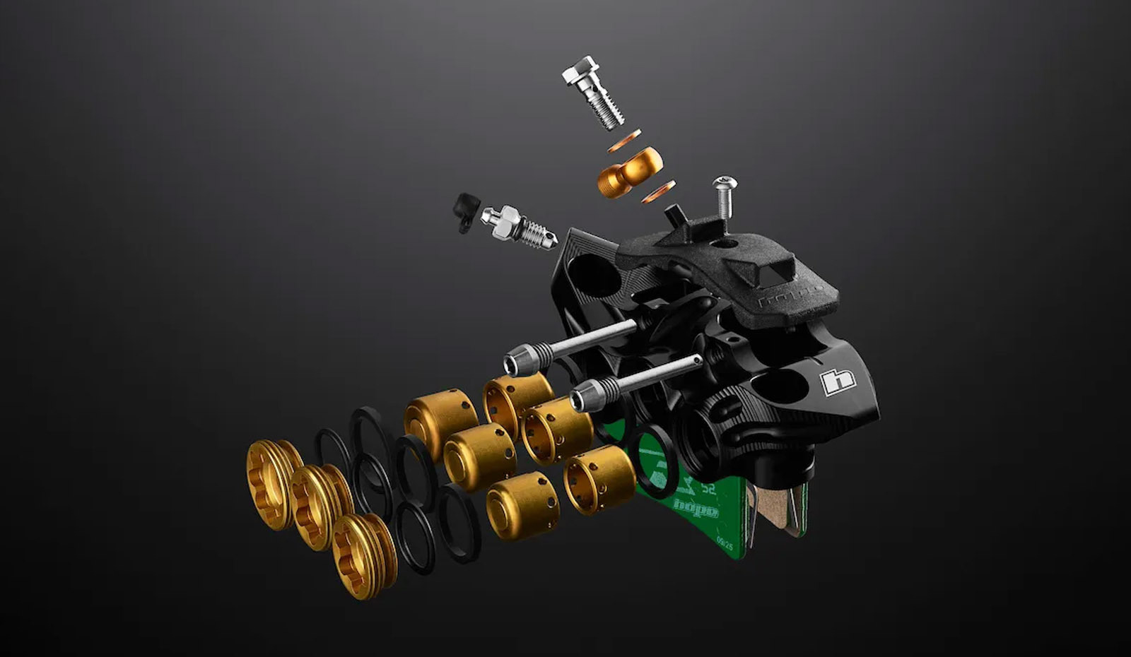 Hope EVO V6Ti exploded view showing six titanium pistons, seals, brake pads and all internal components
