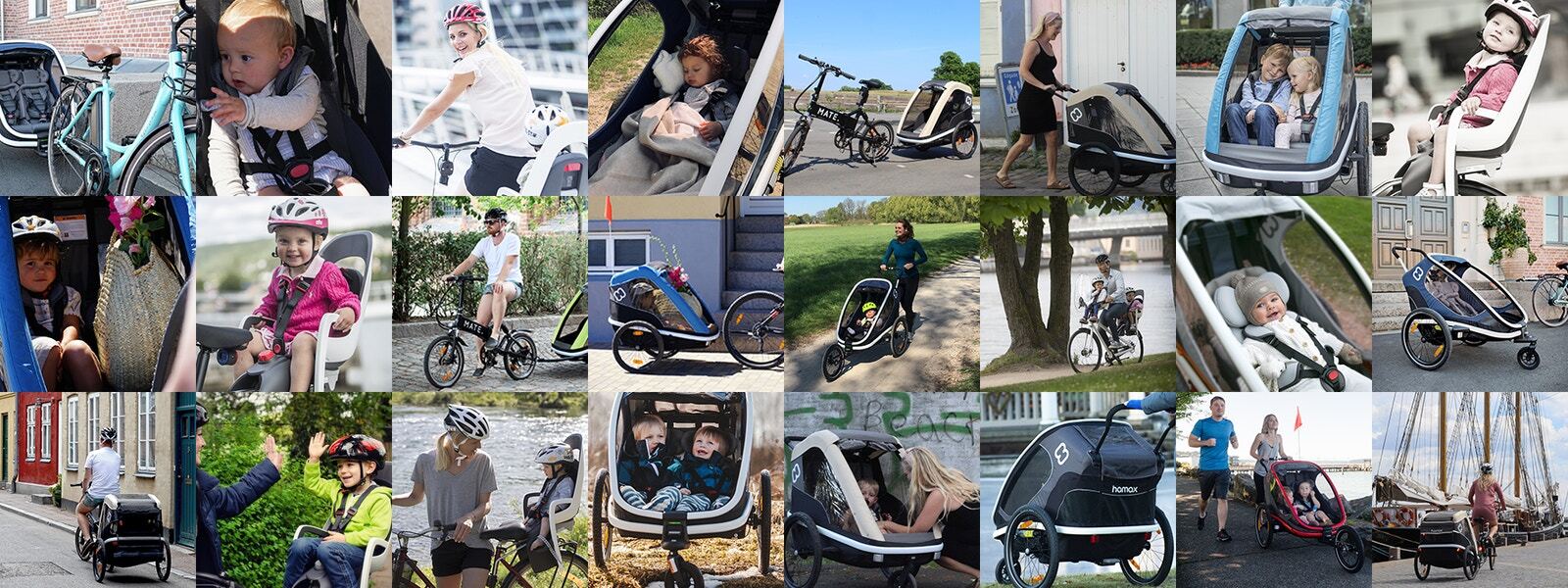 Collage of Hamax bike trailers and child seats in various outdoor settings