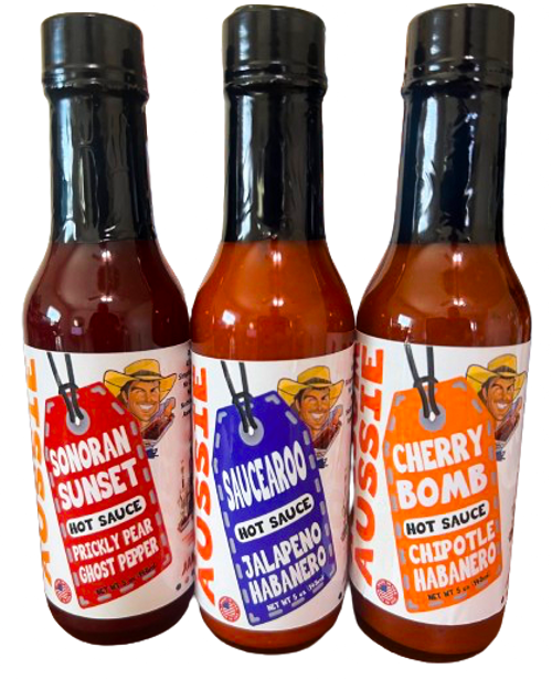 Sonoran Sunset - Prickly Pear Ghost Pepper
Cherry Bomb     - Cherry Chipotle Habanero
Saucearoo.        - Jalapeno & Habanero