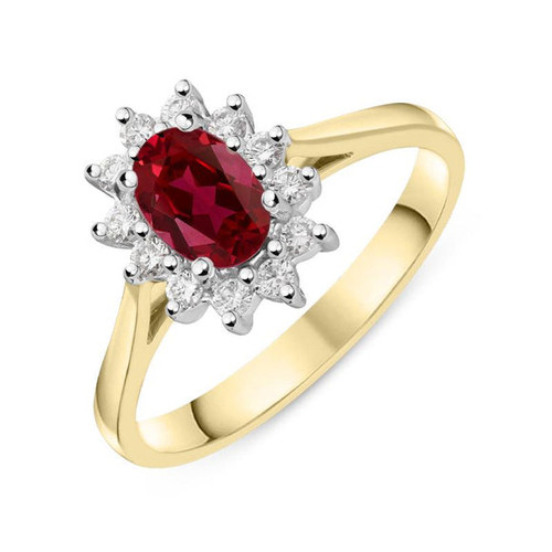 18ct Yellow Gold 0.64ct Ruby 0.33ct Diamond   10x1 Oval Cluster Ring