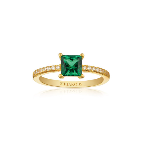 SIF JAKOBS RING ELLERA QUADRATO - 18K GOLD PLATED, WITH GREEN ZIRCONIA