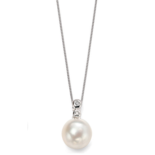 9ct White Gold Diamond Freshwater Pearl Pendant Necklace