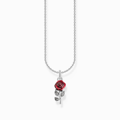Silver necklace with red rose pendant and cold enamel