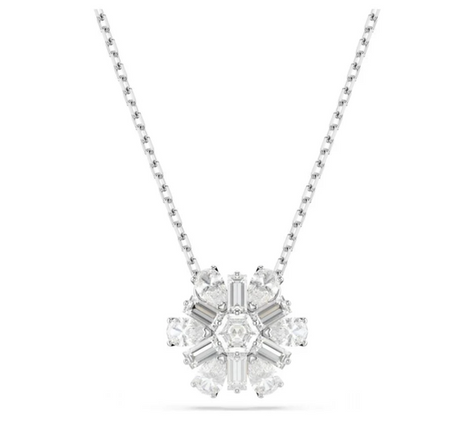 Swarovski Idyllia pendant, Mixed cuts, Snowflake, White, Rhodium plated