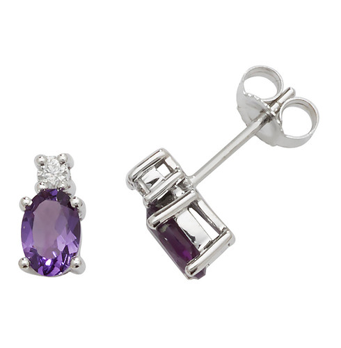 Oval Amethyst and Single Diamond Earrings