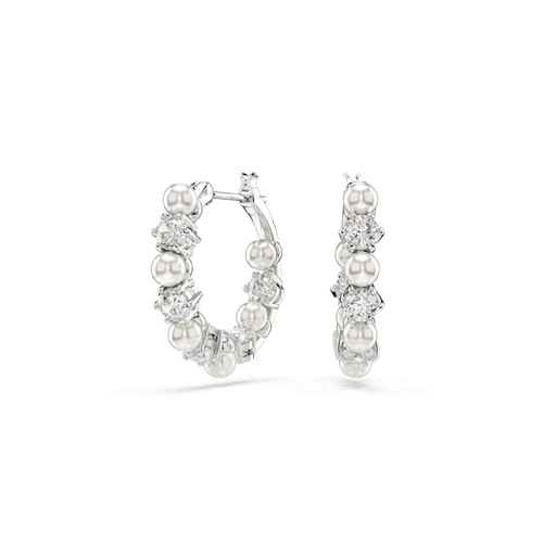 Swarovski Matrix hoop earrings, Crystal pearl, Round cut, White, Rhodium plated