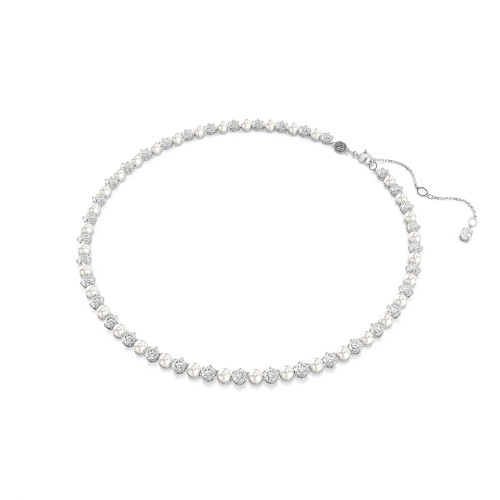 Swarovski Matrix Tennis necklace Crystal pearl, Round cut, White, Rhodium plated