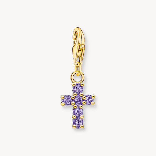 Thomas Sabo charm pendant cross with amethyst-coloured stones yellow-gold plated