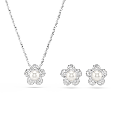 Ariana Grande x Swarovski set, Crystal pearl, Round cut, Flower, White, Rhodium plated