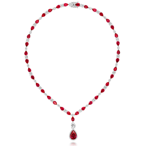 RED PEAR SHAPE & RND CLAW SET NCKLT. HALO RED PEAR DROP