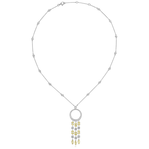 CIRCLE PNDT ON STONE SET CHAIN. YEL OVL & MQ LONG TASSLES