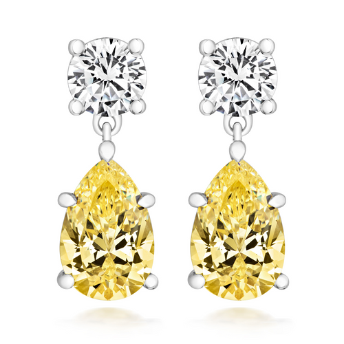 DBL DROP CLAW SET EARRINGS. 9X6MM YEL PEAR & 5MM ROUNDS