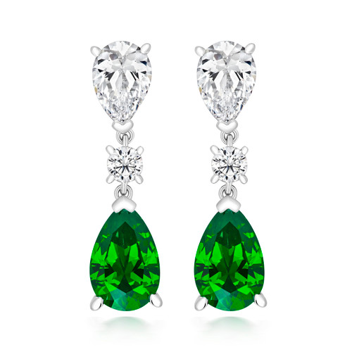 Triple Drop Claw‑Set Earrings with 3mm Round, 7×5mm & 9×6mm Green Pear‑Cut Stones
