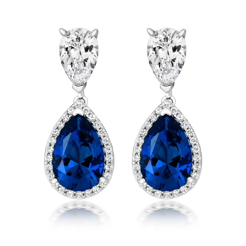 Double Drop Earrings with 9×6mm Pear‑Cut Stone and 12×8mm Blue Pear‑Cut Halo Drop