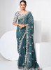 Beautiful Teal Blue Multi Appliqu Embroidery Organza Silk Saree