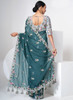Beautiful Teal Blue Multi Appliqu Embroidery Organza Silk Saree