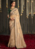 Beautiful Beige Golden And Green Embroidered Organza Silk Saree