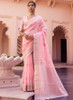 Beautiful Light Pink Weaved Handloom Pure Linen Traditional Saree