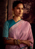 Beautiful Pink And Blue Embroidered Organza Silk Saree