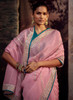 Beautiful Pink And Blue Embroidered Organza Silk Saree