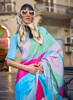 Beautiful Pink And Blue Multicolored Digital Printed Crape Silk Saree582