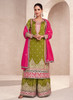 Beautiful Green And Pink Embroidered Festive Palazzo Suit697