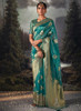 Beautiful Blue Golden Crystal Stone Embellished Brocade Silk Saree1011