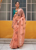 Beautiful Peach And Turquoise Floral Organza Silk Saree With Sequence Embroidered Blouse1066