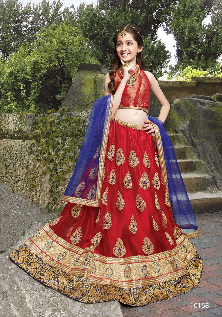 Buy Scarlet Red Embellished Satin Lehenga for Girls at Aza Fashions |  Lehenga for girls, Satin lehenga, Kids party wear dresses