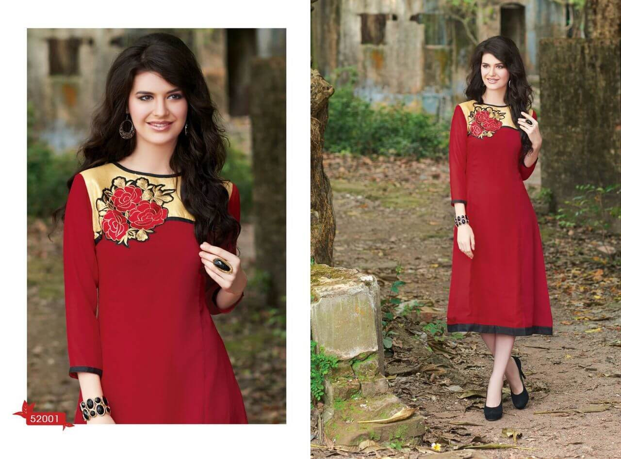 Red colored viscose Kurti with brocade neckline and lace work.