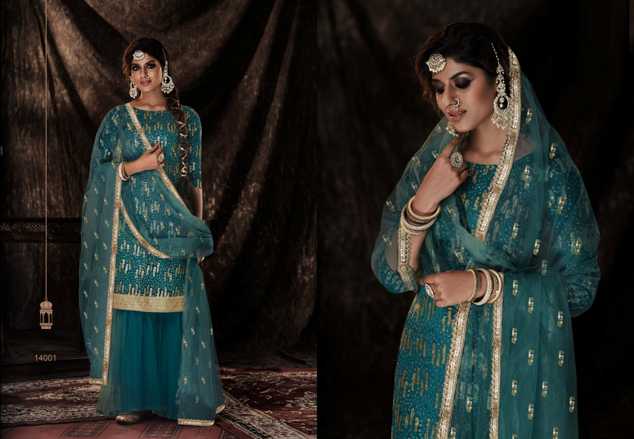 Party Wear Salwar Suits for Ladies in Ocean Blue Colour