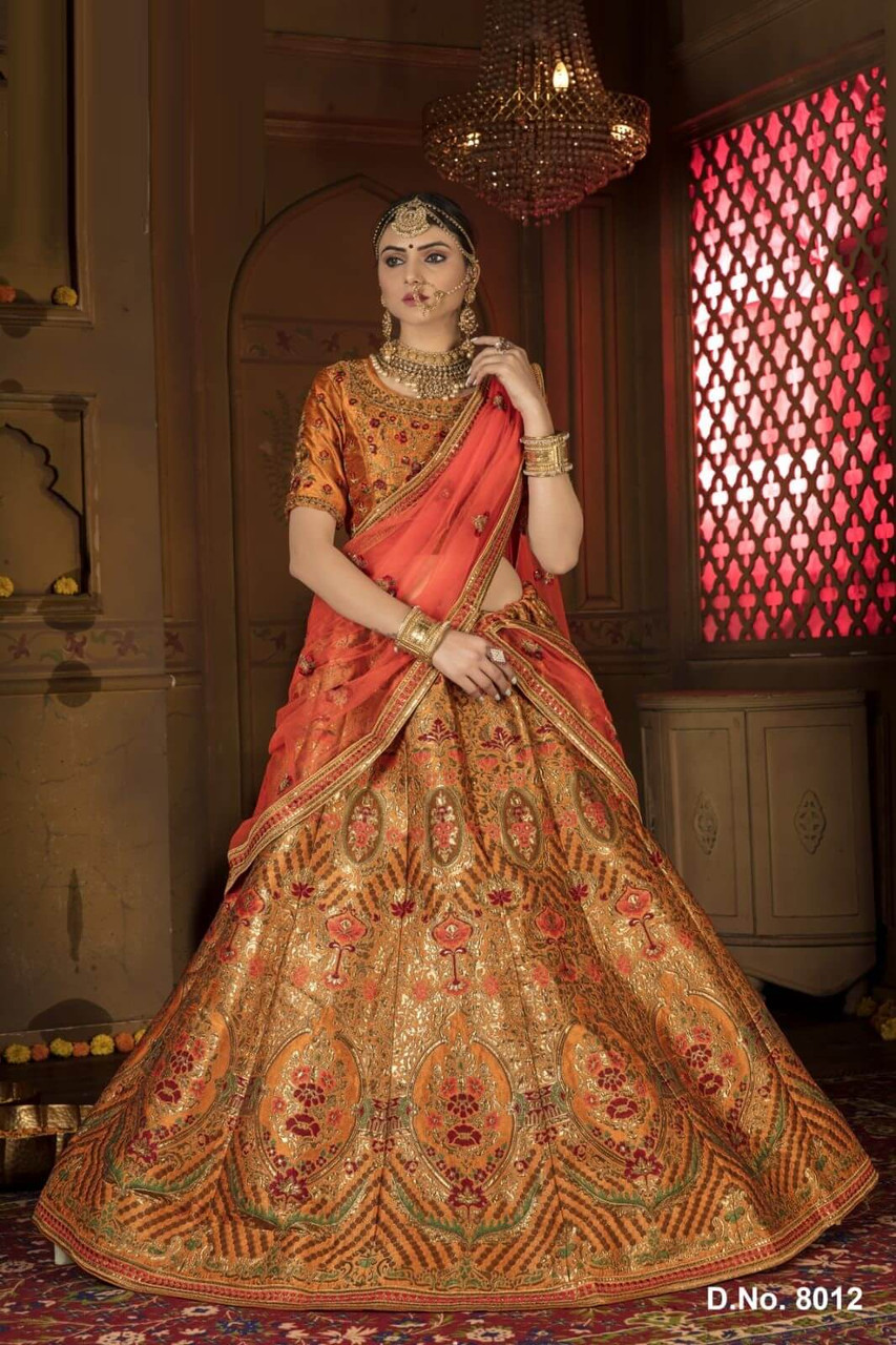 Woven Banarasi Brocade Silk Lehenga in Orange : LJN1512