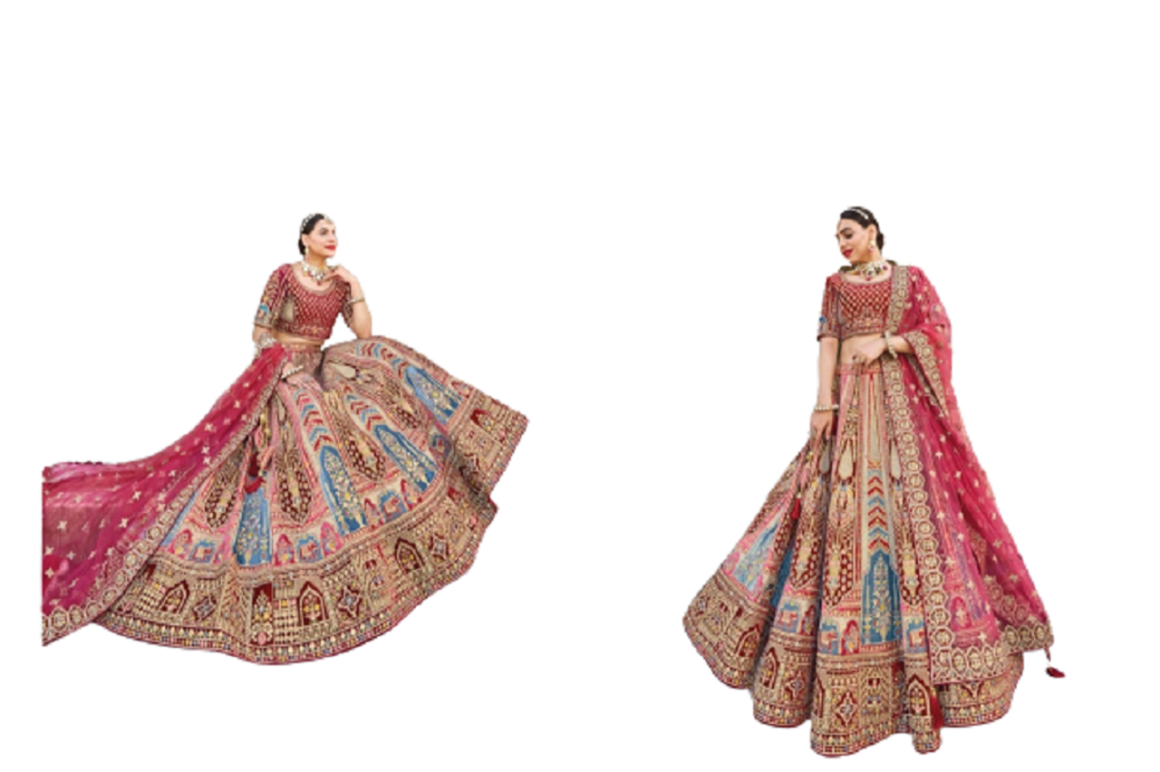 Modest Wedding Lehenga in Tomato Red Embroidered Fabric LLCV110223