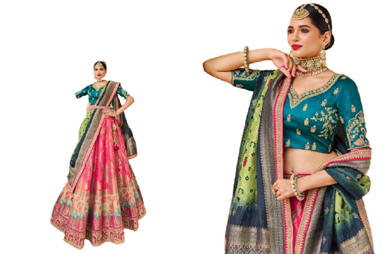 Teal Blue & Magenta Pink Dyed Semi Stitched Banarasi Lehenga Choli Set –  Chhabra 555