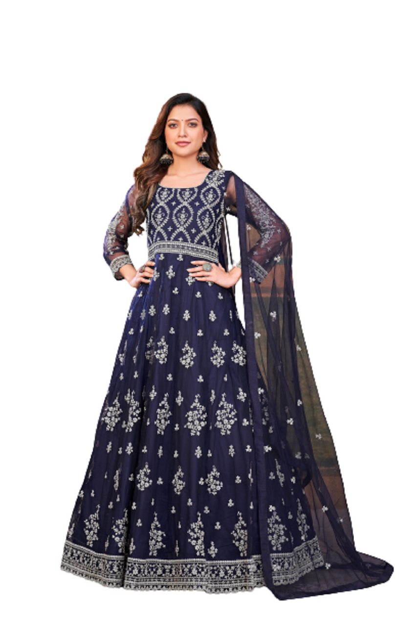 Partywear Navy Blue Color Semi Stitched Net Anarkali Salwar Kameez. | Dress  materials, Suits for women, Fashion