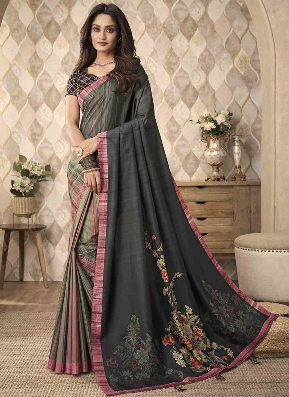 Black-Onyx Digital Floral Printed Matka Silk Saree With Silver Zari Twill  Border | Exotic India Art