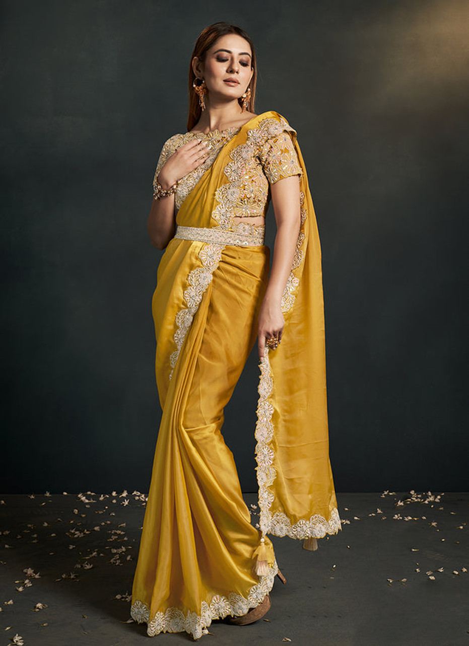 Wedding Shop Online Trombone Yellow Lycra One Minute Designer Saree |SARV120399