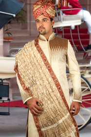 Amazing  Blonde Cream Brocade Silk Designer Sherwani1150