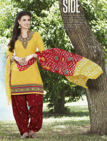 Yellow and Maroon color Contrast Combination Pure Cotton Fabric Ban Neck Design Patiala Suit