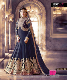 Navy Blue color Full Sleeves Floor Length Flared Pure Georgette Fabric Suit