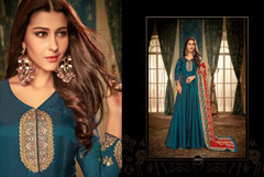 Blue color Full Sleeves Floor Length Heavy Muslin, Georgette and Satin Fabric Gown