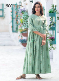 Powder Green color Printed Muslin Fabric Gown