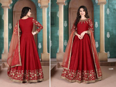 Red color Silk Slub Fabric Floor Length Anarkali style Suit