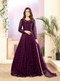 Purple color Full Sleeves Floor Length Embroidered Net Fabric Party wear Anarkali style Suit