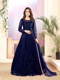 Royal Blue color Full Sleeves Floor Length Embroidered Net Fabric Party wear Anarkali style Suit