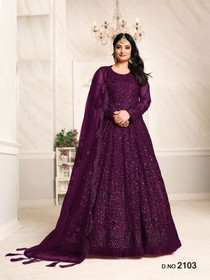Purple color Net Fabric Full Sleeves Floor Length Anarkali style Embroidered Suit