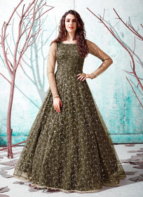 Light Mehndhi Green color Floor Length Full Sleeves Net Fabric Gown