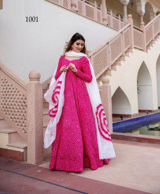 Hot Pink color Pure Muslin Fabric Full Sleeves Floor Length Gown