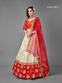 White and Red color Art Silk and Jacquard Fabric Lehenga Choli