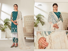 Turquoise Blue and White color Net Fabric Embroidered Suit